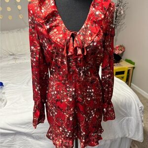 Parisian Red Floral Ruffle Long Sleeve Romper – US 6